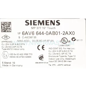 Siemens 6AV6644-0AB01-2AX0 SIMATIC MP 377 15" Touch Multi Panel New Original Ready to ship