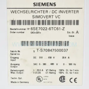 Siemens 6SE7022-6TC61-Z SIMOVERT MASTERDRIVES Inverter Drive — New & Original